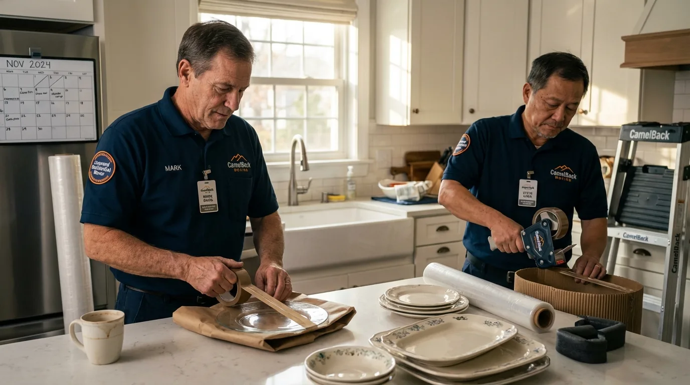 Professional crew packing kitchen dishware in Kekaha, HI